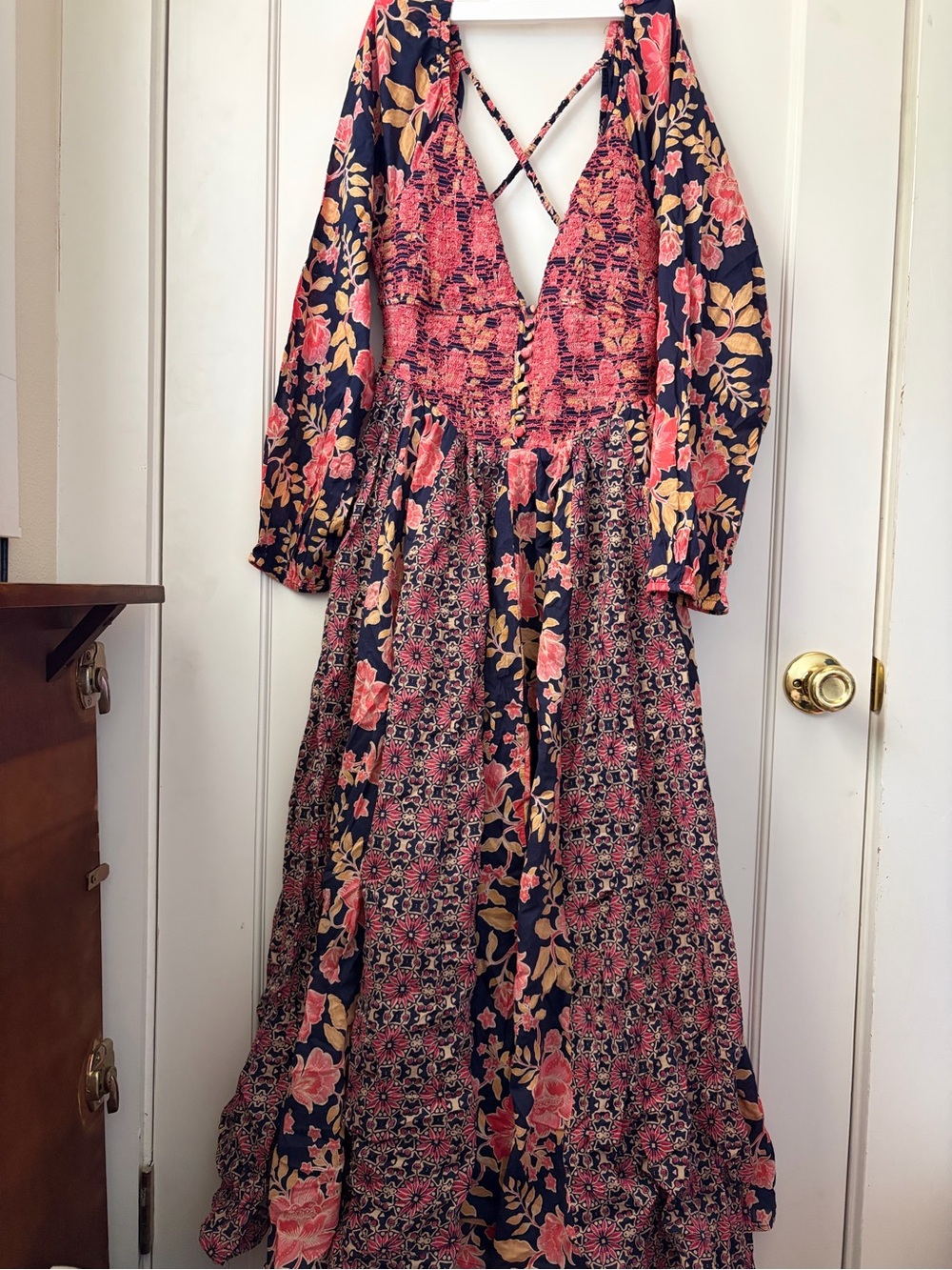 Free People Boho Navy Floral Maxi Dress with Coral & Blush Accents